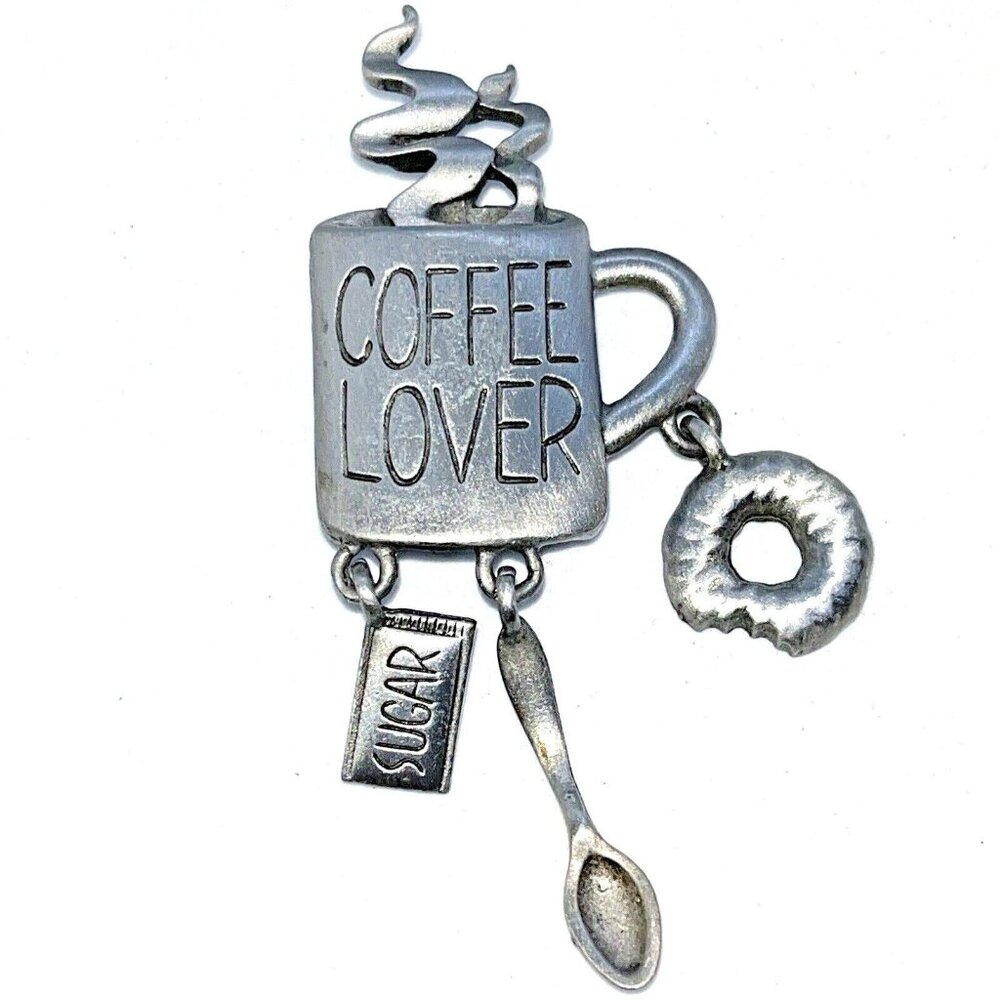 J. Jonette Vintage Coffee Lovers Brooch Signed Silver Toned